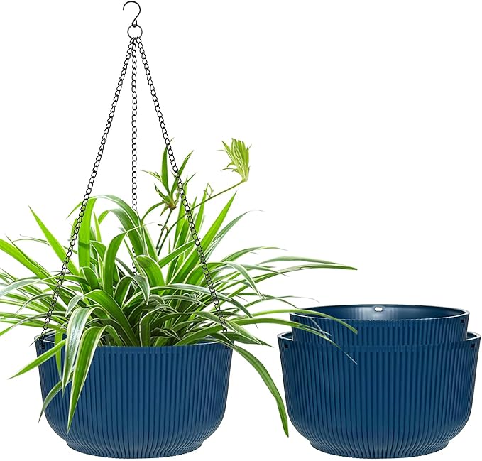 Hanging Planters 9/10/11 Inch for Indoor Plants, 3 Pack Plant Hanger Outdoor with Drainage Holes, Self Watering Hanging Basket Flower Pot for Garden Home Decor, Dark Blue