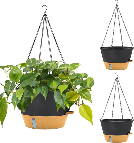 ZMTECH 12 Inch Large Hanging Planters for Outdoor Plants, Self Watering Hanging Planter with Visual Reservoir, Hanging Baskets for Plants Indoor with Drainage Hole and Plant Hanger(3 Pack, Gray)