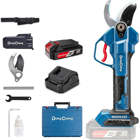Dong Cheng 20V Brushless Electric Pruning Shears, 4 Cutting Levels up to 35 mm, Professional Brushless Motor, 2.0 Ah Battery, 2 A Charger, SK5 Blade – For Fruit Trees, Gardening