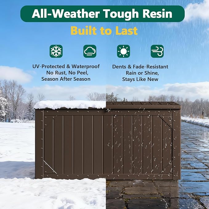 100 Gallon Outdoor Storage Box, Waterproof Resin Deck Box Organizer for Patio Cushion Storage, Lockable Outside Container for Garden Tools