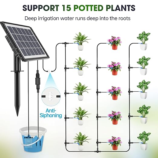 Solar Automatic Drip Irrigation Kit - 25 Timer Modes Smart Watering System for 15 Plants, 900ml/min High Flow with IP54 Waterproof, 49FT Indoor/Outdoor Garden Kit for Vacation & Busy Plant Lovers