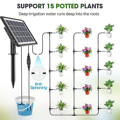 Solar Automatic Drip Irrigation Kit - 25 Timer Modes Smart Watering System for 15 Plants, 900ml/min High Flow with IP54 Waterproof, 49FT Indoor/Outdoor Garden Kit for Vacation & Busy Plant Lovers
