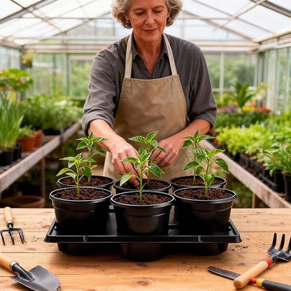 6 Inch Plastic Plant Pots 30 Pack and 6 Cell Nursery Pots Trays 5 Pack, Sturdy Seeds Starting Germination Shuttle Carrying Trays, Black Nursery Planting Propagation 5 Sets