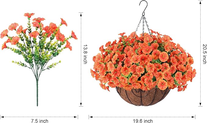 Artificial Faux Hanging Flowers Plants Basket for Outdoors, 12 Bundles UV Resistant Faux Outside Silk Morning Glory for Planter Realistic Artificial Flowers for Outdoor Porch Garden Patio, Orange