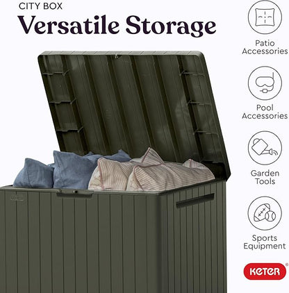 Keter City 30 Gallon Resin Outdoor Storage Box and Patio Furniture Side Table for Pool and Garden Accessories, Taupe