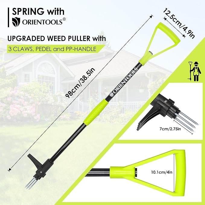 ORIENTOOLS Weed Puller Stand Up Weeder Hand Tool with 3 Claws for Dandelion, Steel Twist Hand Weed Root Pulling Tool Grabber and Picker, 38" Long Handle Lawn Easy Root Remover Garden Tool with D-Grip