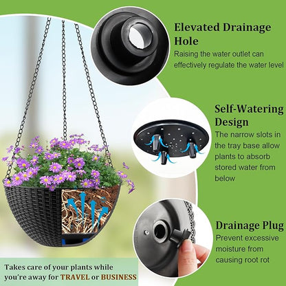 Hanging Planters for Indoor Outdoor Plants 8 and 10 Inch, 4 Packs Hanging Flower Pot with Drainage Holes, Self-Watering Hanging Basket Perfect for Home, Office and Garden, Black
