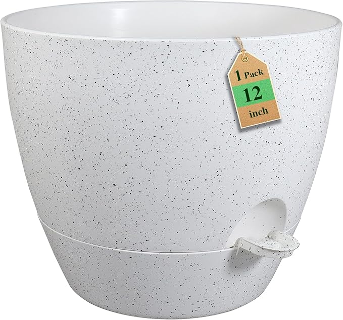 12 inch Large Self Watering Pots, Planter, Plant Pots with Multi Mesh Drainage Holes for Indoor Outdoor House Plants and Garden, Plastic Flower Pots with Deep Reservoir, Speckled White