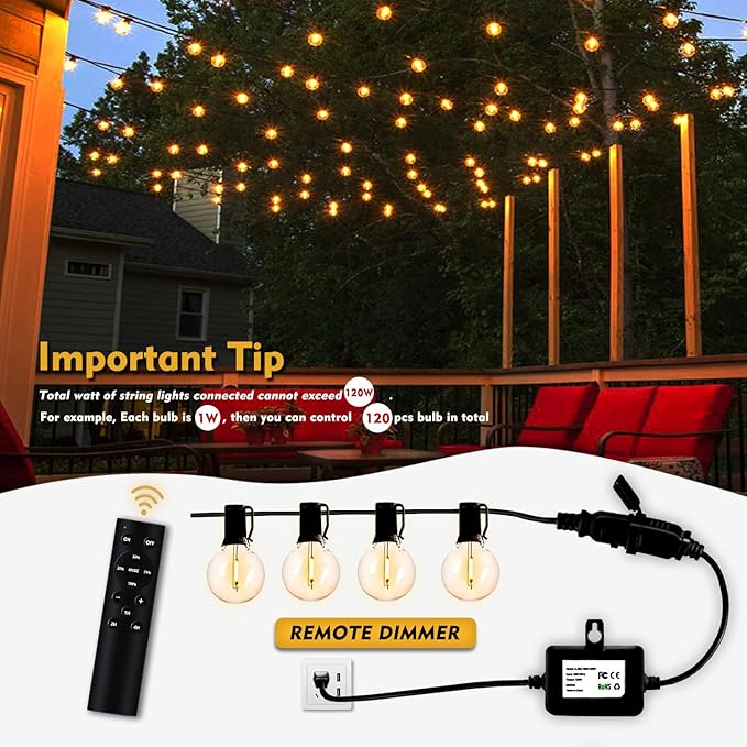 120W(Max) Remote Dimmer Timer Function Plug in for All Outdoor String Lights, Patio Lights, Led Lamp, Lamp in 100FT Remote Control Distance