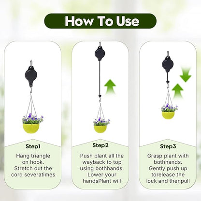 Retractable Plant Hanger with Pulley System, Effortless Raising and Lowering for Indoor and Outdoor Plants, Hanging Planters, Garden Pots & Bird Feeders (4-Pack,Black)