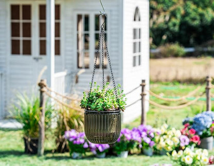 Melphoe 2 Pack Self Watering Hanging Planters Indoor Flower Pots, 6.5 Inch Outdoor Hanging Plant Pot Basket, Plant Hanger with 3Hooks Drainage Holes for Garden Home (Gray)