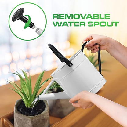 Plexon 1 Gallon Metal Watering Can Outdoor, Flower Plant Gardening Garden Large Watering Can Pot, Black Galvanized Steel Handles and Removable Spray Spout, White
