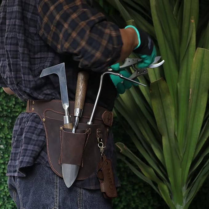 Tourbon Genuine Leather Florist Tool Belt Bag Gardener Farmer Tools Holster Waist Pouch Electrician Carpenter Organizer Kit 3 Pockets (Brown, 42 inches)