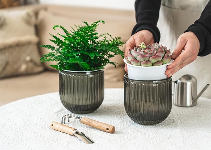 Melphoe 2 Pack Self Watering Hanging Planters Indoor Flower Pots, 5.3 Inch Outdoor Hanging Basket, Plant Hanger with 3Hooks Drainage Holes for Garden Home (Gray)