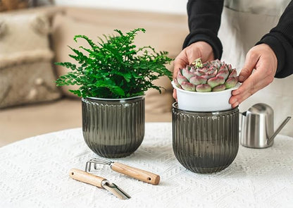 Melphoe 2 Pack Self Watering Hanging Planters Indoor Flower Pots, 5.3 Inch Outdoor Hanging Basket, Plant Hanger with 3Hooks Drainage Holes for Garden Home (Gray)