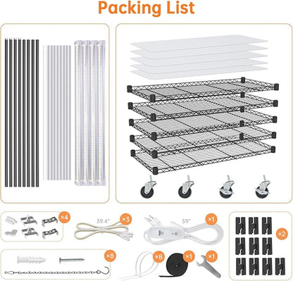 Bstrip Plant Shelf with Grow Lights, 5-Tier Plant Stand with T8 24W Grow Light for Indoor Plants with Wheel, 5000K Full Spectrum LED Plant Light with Timer for Seedling, Seed Starting, 29.5x13.8x59IN