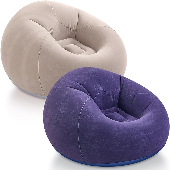 Realspring Inflatable Bean Bag Chairs Outdoor Blow up Camping Chairs Inflatable Lazy Sofa Folding Portable Bean Bag Loungers Couch for Movie Night(Brown, Blue,2 Pcs)