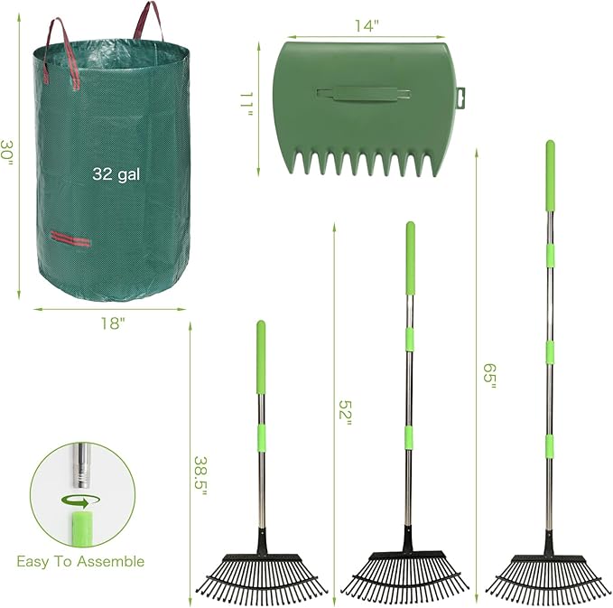 JOYHALO 65 Inch Rake for Leaves, 25 Tines Metal Leaf Rake Set with 32 Gallon Leaf Bags Scoops, Garden Rakes 18in Wide, Rakes for Gardening Lawns Yard Outdoor Camping Shrub Grass Bush