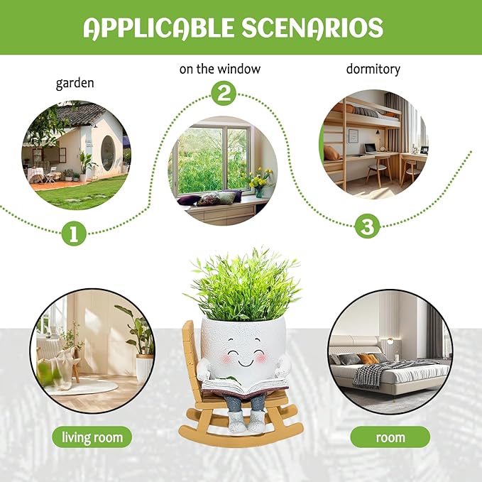 Smily Face Rocking Chair Reading Book Planter Pots, Cute Resin Flower Head Succulent Planters for Indoor Plants, Gift IdeaI for Mother Christmas Birthday with Drainage Hole