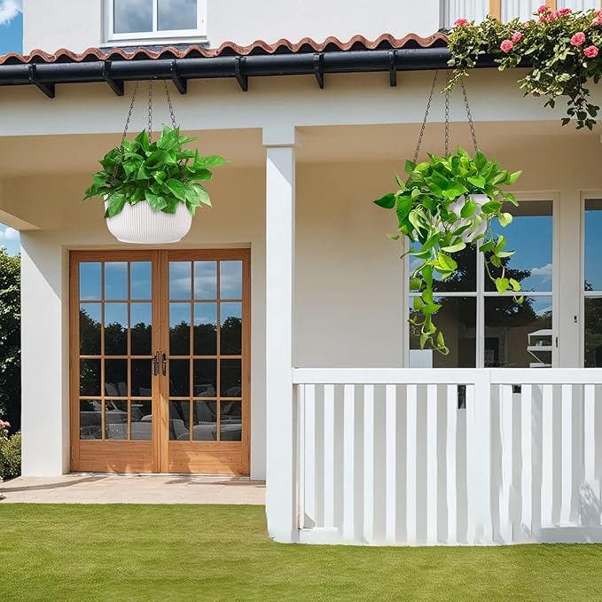 Set of 2 White 11.2 Inch Hanging Planters for Indoor Outdoor Plants, Self Watering Hanging Flower Pots with Drainage Hole & Plug