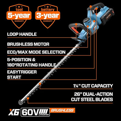 SENIX X6 60V Max* Battery Powered 26" Cordless Hedge Trimmer with Brushless Motor, Double-Sided Dual Action Blades, 1-1/4" Cutting Capacity, 3.0 Ah Lithium-ion Battery & Charger Included (HTX6-M1)