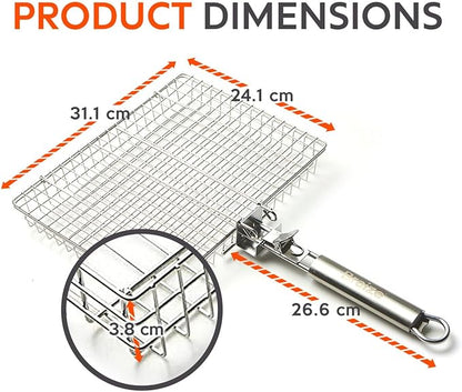Stainless Steel Large Grill Basket with Easy Open/Close Lid and Removable Handle - 12.25 x 9.5 x 1.5 Inches - Includes Carry/Storage Bag