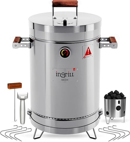 Charcoal Grills - Basic 12 lbs - Stainless Steel Smoker Grill 3-in-1 for Cooking & Home BBQ - Portable Vertical Smoker Barrel for Outdoor & Camping - Meat Grill with Thermometer & Accessories