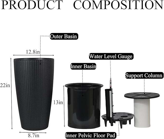 22" Tall Planter Set of 2, Large Self Watering Pots for Indoor/Outdoor Plants with Drain Holes, Water Level Monitor, Inner Bucket for Front Porch Patio, Black Rattan Conical