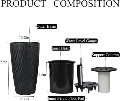 22" Tall Planter Set of 2, Large Self Watering Pots for Indoor/Outdoor Plants with Drain Holes, Water Level Monitor, Inner Bucket for Front Porch Patio, Black Rattan Conical