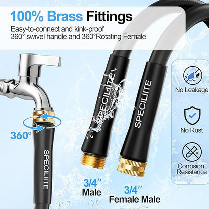 SPECILITE 3/4" Hot/Cold Garden Hose 50 ft with Industrial High Pressure Nozzle, Flexible & Lightweight, 600psi Burst Rubber Water hose -50℉-158℉ With 3/4" Brass Fittings for Yard, Black