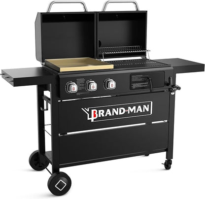 Brand-Man Propane Gas and Charcoal Grill Combo,Grill and Griddle Combo Dual Fuel BBQ Grill with Dual Lids for Outdoor Barbecue, Black