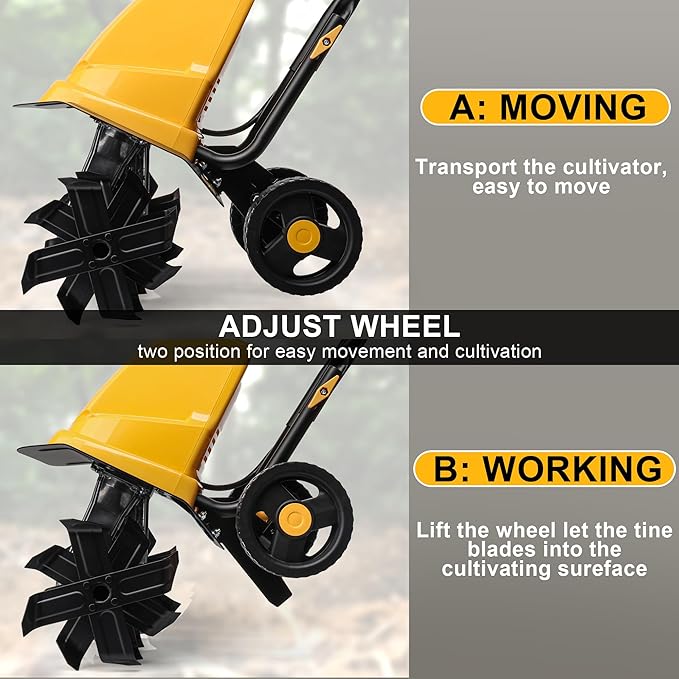 Electric Tiller/Cultivator 4 Steel Tines, 8'' Tilling Depth Garden Roto Tillers for Gardening, 13.5 Amp 12 Inch Corded Rototiller with Adjustable Wheels, Yellow