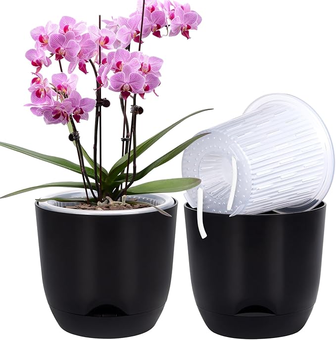 QCQHDU 2 Pack 7.2 Inch Orchid Pots with Holes for Repotting, Double-Layer and Self Watering Orchid Pot with Good Air Circulation