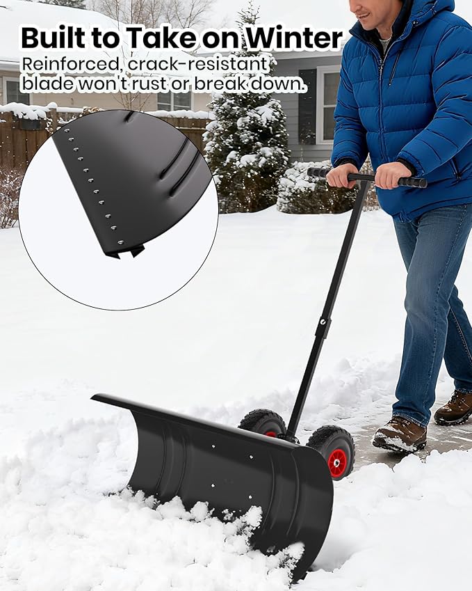 36” Snow Shovel for Driveway,Heavy Duty Wheeled Rolling Shovels 5 Position Angled Blade, Ergonomic Handle & Rubber Wheels for Efficient Snow Removal, Snow Plow for Doorway,Driveway and Sidewalks