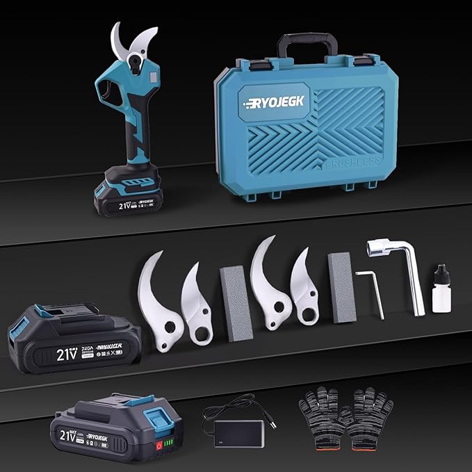 21V Brushless Electric Pruning Shears, 1.6-Inch Cutting Cordless Power Pruner with 2x2.0Ah Battery & 3 SK5 Blades, 2.4" Max Opening Garden Shears for Tree Trimming and Fruit Harvesting