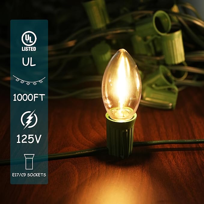 LUCKY TL 1000 FT C9/E17 Christmas Light Sockets Spool Set, Green SPT-1 Wire, 12 Inch Spacing, C9 Outdoor String Lights, UL Listed