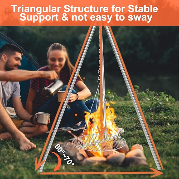 HaSteeL Camping Tripod for Outdoor, Adjustable Portable Cooking Tripod with 17”Folding Grill Grate, Stainless Steel Campfire Grill Stand Hanger for Dutch Oven Hunting Beach BBQ Fire Pit, Easy Assemble