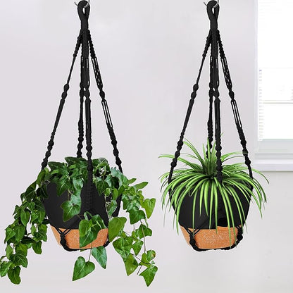 GARDIFE 10 Inch Hanging Planters with Macrame Plant Hanger for Indoor and Outdoor Plants, 2 Pack Large Self Watering Hanging Plant Pot with Basket Flower Pot with Drainage Hole, Black
