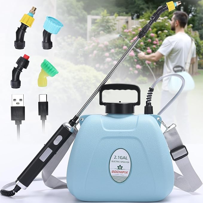 Electric Garden Sprayer 2.1 Gallon, 4 Mist Nozzles, Telescopic Wand, Adjustable Shoulder Strap, USB Rechargeable Waterproof Handle, Automatic Plant Mister for Lawn Garden