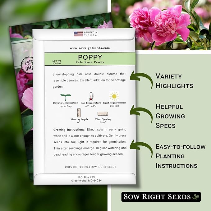 Sow Right Seeds - Pale Rose Peony Poppy Seeds for Planting - Non-GMO Heirloom Annual Variety - Beautiful Poppy Flowers - Ideal for Gardens, Flower Beds - Easy to Grow - Pink Peony Blossoms (1)