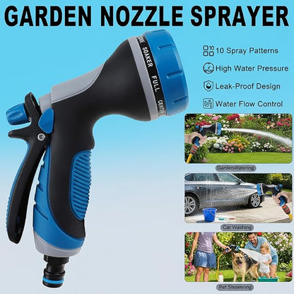 Garden Hose Nozzle with Adjustable 10 Watering Patterns,Hose Spray Nozzle with Slip Resistant High Pressure,Water Hose Nozzles Sprayer for Plants & Lawns Watering,Car Washing and Pet Showering Blue