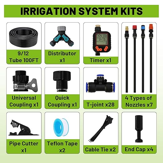 Drip Irrigation Kit - 100 FT. Hose Sprinkler System with 360° nozzles and T-connectors for Gardens, lawns, Plants, Flower beds, Trees, patios and hydroponics (28 nozzles + 28 connectors)