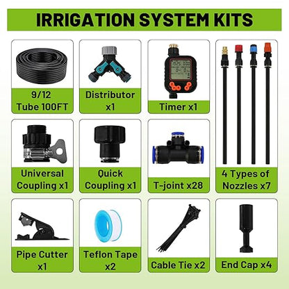 Drip Irrigation Kit - 100 FT. Hose Sprinkler System with 360° nozzles and T-connectors for Gardens, lawns, Plants, Flower beds, Trees, patios and hydroponics (28 nozzles + 28 connectors)