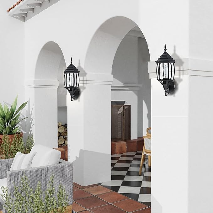 16.8 Inch Outdoor Porch Light - Black Outside Light for House, Metal and Glass Exterior Wall Sconce, Waterproof Wall Mount Outdoor Lantern for Garage,Front Door,Balcony,E26 Base