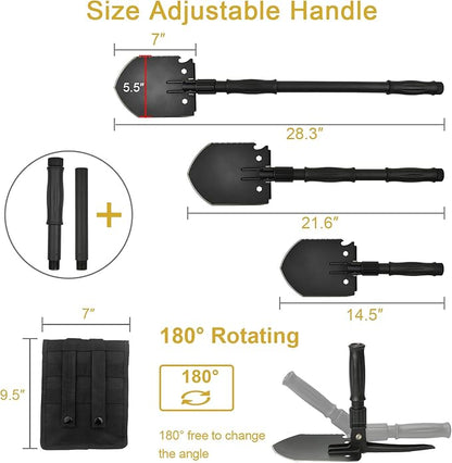 Survival Shovel, (28.3'') Camping Folding Shovel, Military Spade Multitool, Tactical Trench Tool, with Pickaxe, Compass, Whistle, Molle Bag for Digging, Metal-Detecting, Off Roading, Emergency