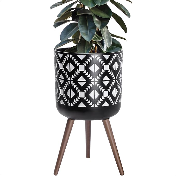 D'vine Dev 14 Inch Planter Pot with Stand, Mid-Century Tall Plant Pot with Legs for Indoor Plants, White/Black, 88-G-D-4