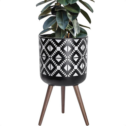 D'vine Dev 14 Inch Planter Pot with Stand, Mid-Century Tall Plant Pot with Legs for Indoor Plants, White/Black, 88-G-D-4