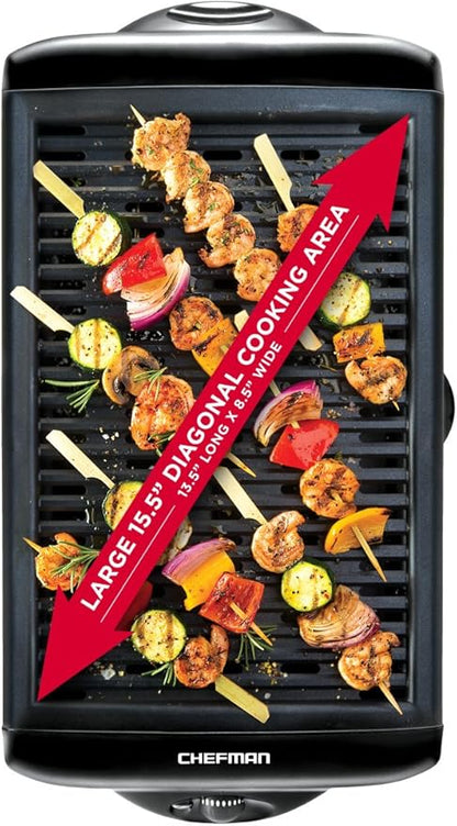 Chefman Electric Smokeless Indoor Grill w/ Non-Stick Cooking Surface & Adjustable Temperature Knob from Warm to Sear for Customized BBQing, Dishwasher Safe Removable Water Tray, Black