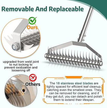 Thatch Rakes for Lawns,14.2-Inch Thatching Rake, All Stainless Steel Dethatcher Rake with Adjustable Handle and 2 Extra Replaceable Blades,Heavy Duty Rakes for Cleaning Dead Grass and Loosening Soil