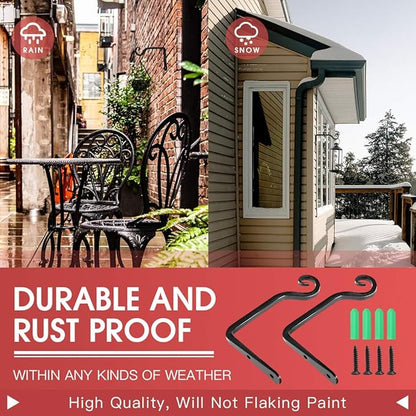 Jardim 2 Pack 6 Inch Premium Decorative Metal Iron Wall Hook, Indoor Outdoor Plant Hanger, Rustic Hanging Gardening Bracket Hook, for Planters, Bird Feeders, Lanterns, Wind Chimes (Black)